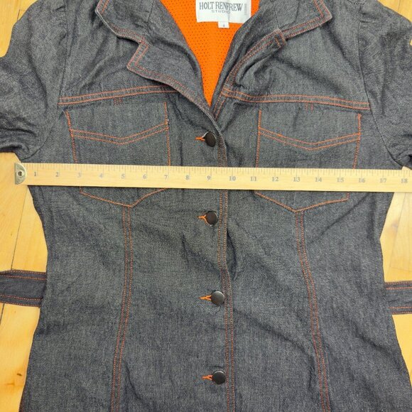HOLT RENFREW Vtg Y2K Long Denim Gray Jeans Jacket button-down Tie Waist sz 2 - Picture 12 of 16